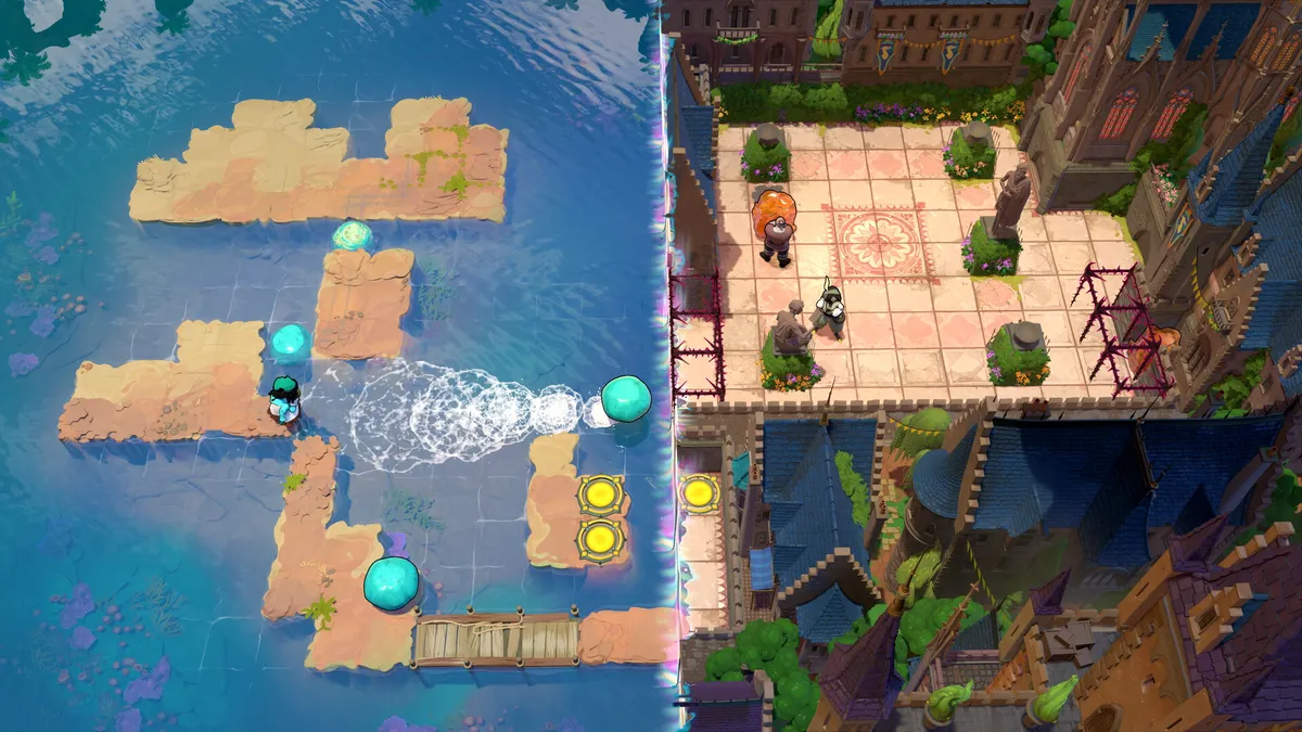 Official screenshot showing water and rocky islands on the left and a castle courtyard on the right, divided by a glowing vertical boundary.